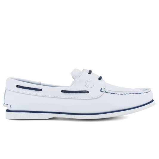 Men Boat Shoe White and Navy Blue Leather Sauvage Seajure