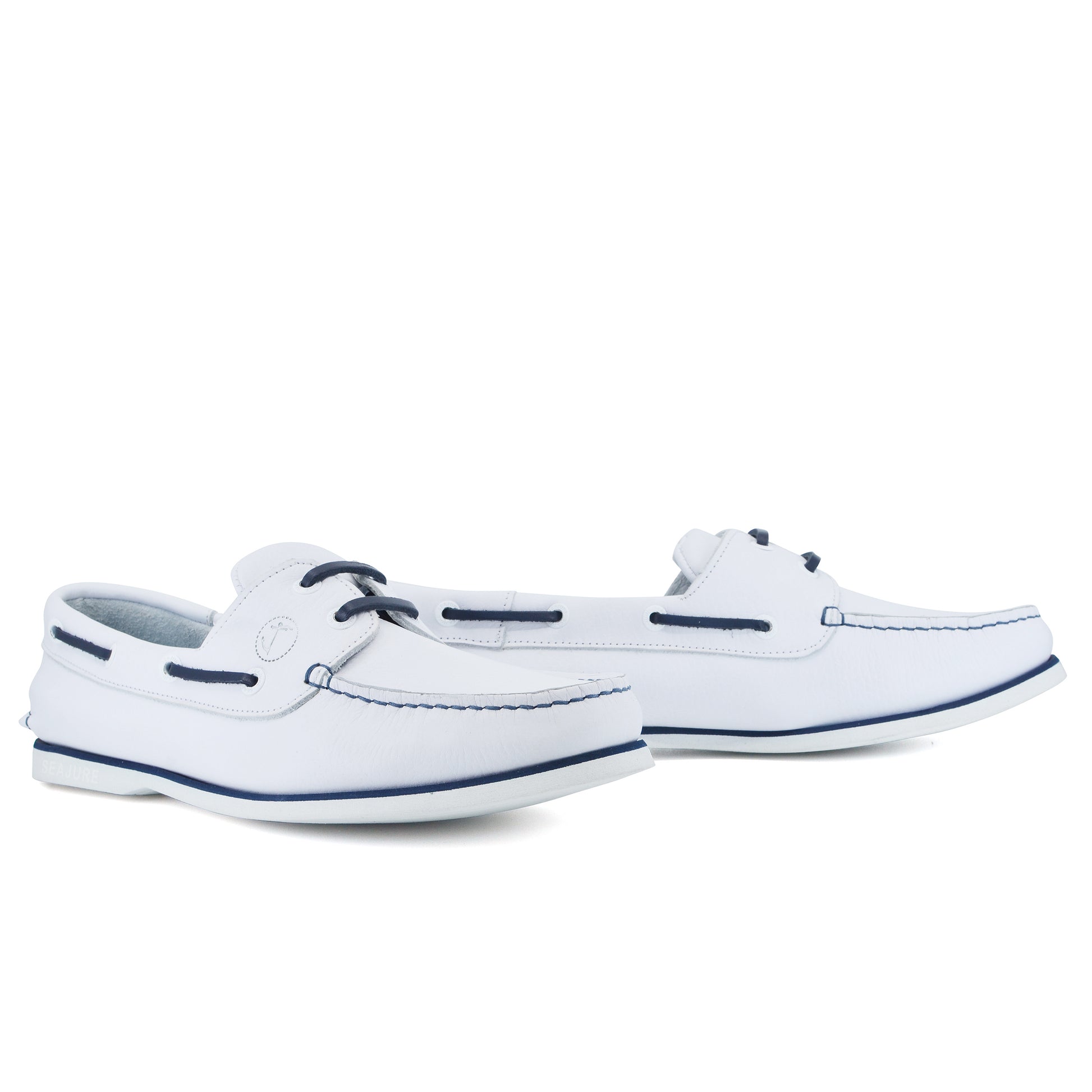 Men Boat Shoe White and Navy Blue Leather Sauvage Seajure