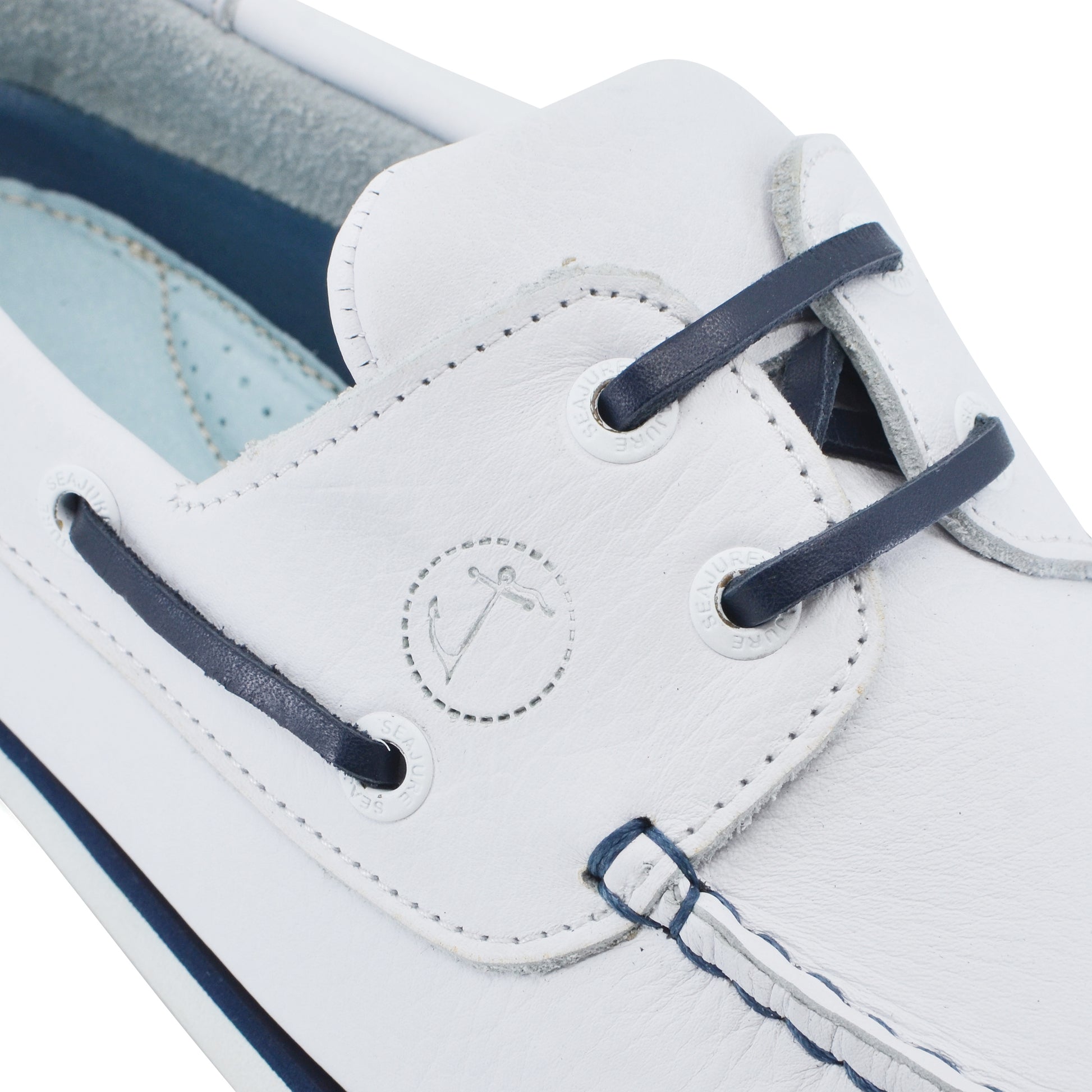 Men Boat Shoe White and Navy Blue Leather Sauvage Seajure