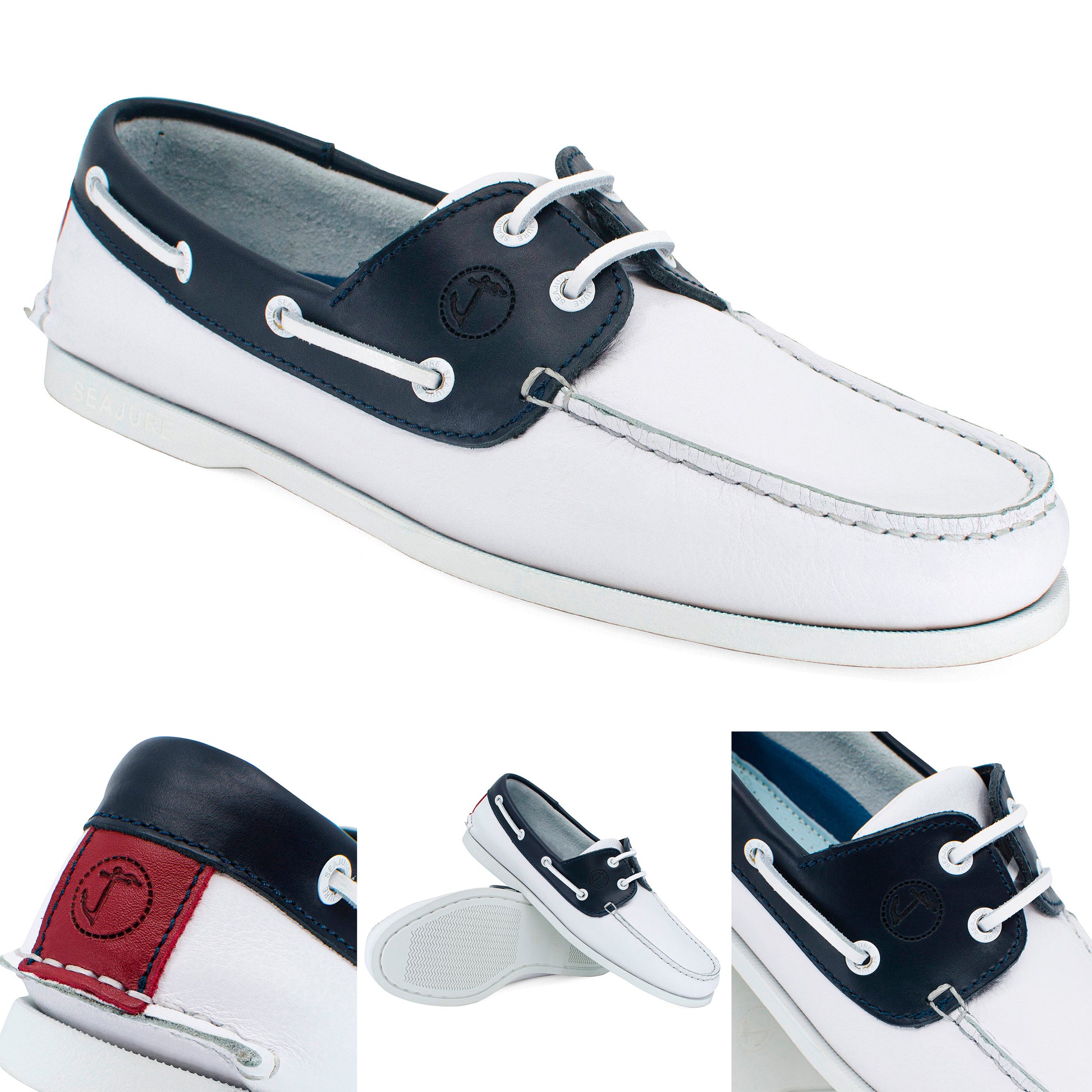 Men Boat Shoe White, Navy Blue and Red Leather Navagio Seajure