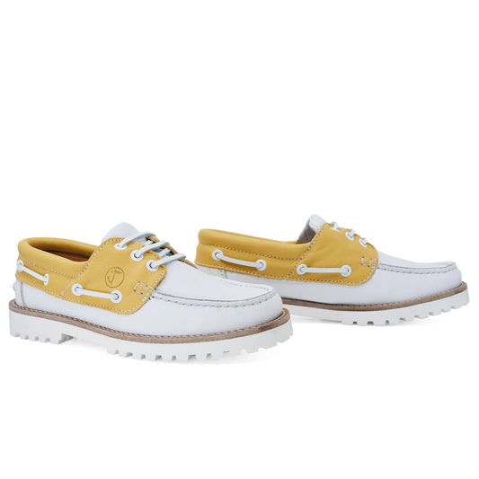 Women Boat Shoe White and Yellow Leather Quirimbas Seajure