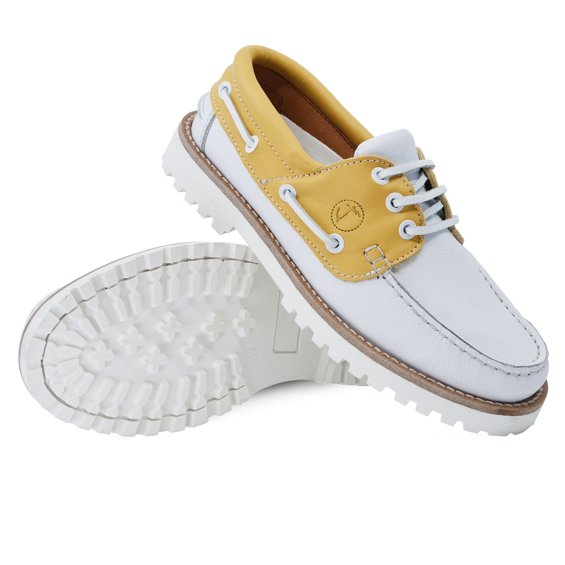 Women Boat Shoe White and Yellow Leather Quirimbas Seajure