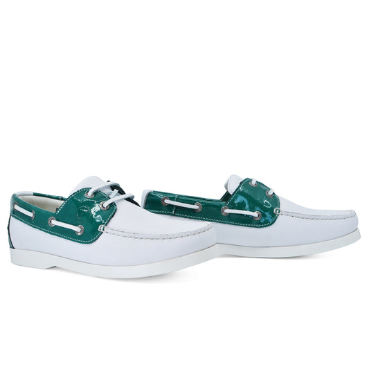 Women Boat Shoe White and Green Leather Gidaki Seajure